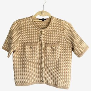 Ann Taylor short sleeve sweater XXSP 0 gold tweed shimmer button up gold buttons